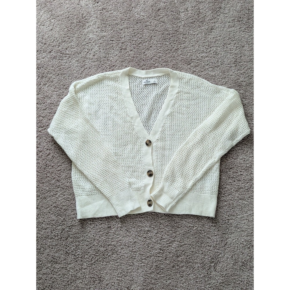 Hollister Cropped Crochet Open Knit Cardigan Large White Coastal Beach Preppy